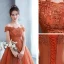 Chic / Beautiful Orange Lace Flower Prom Dresses 2022 A-Line / Princess Off-The-Shoulder Short Sleeve Backless Floor-Length / Long Formal Dresses