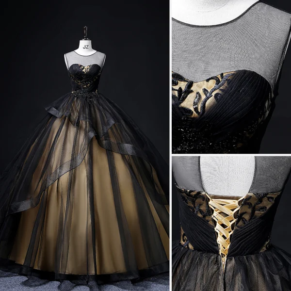 Chic / Beautiful Black Beading Lace Flower Prom Dresses 2022 Ball Gown Scoop Neck Sleeveless Backless Cascading Ruffles Floor-Length / Long Formal Dresses