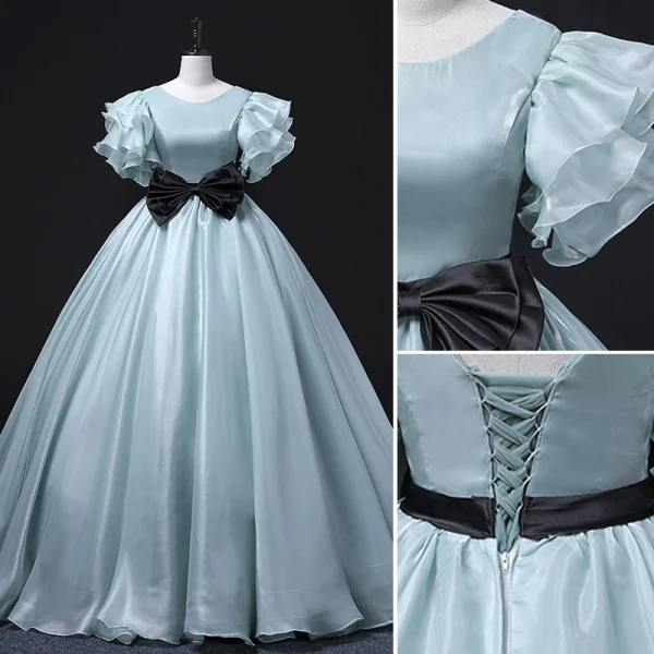 Mode Vert Citron Robe De Bal 2022 Robe Boule Encolure Dégagée Volants Manches Courtes Dos Nu Noeud Ceinture Longue Promo Robe De Ceremonie
