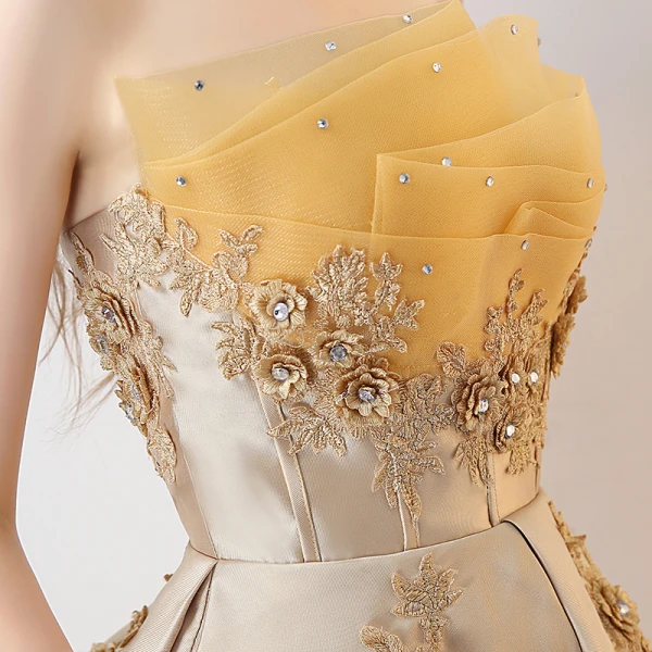 Chic / Beautiful 2017 Gold Cocktail Dresses Strapless Lace Handmade  Appliques A-Line / Princess Cocktail Party Evening Dresses