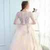 Chic / Beautiful Champagne Prom Dresses 2017 A-Line / Princess Lace U-Neck Handmade  Appliques Backless Beading Prom Formal Dresses