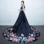 Chic / Beautiful Navy Blue Chapel Train Evening Dresses  2018 A-Line / Princess V-Neck Charmeuse Backless Printing Evening Party Formal Dresses