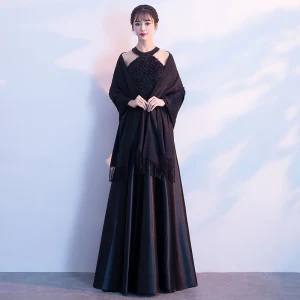 Moderne Mode Noire Longue Robe De Soirée 2018 Princesse Avec Châle Charmeuse Rayé Soirée Robe De Ceremonie