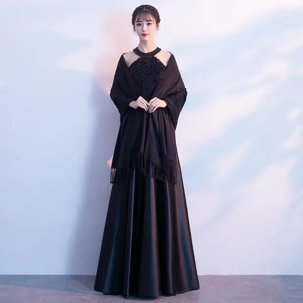 Modern / Fashion Black Floor-Length / Long Evening Dresses  2018 A-Line / Princess With Shawl Charmeuse Striped Evening Party Formal Dresses