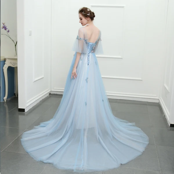 Sparkly Sky Blue Chapel Train Evening Dresses  2018 A-Line / Princess Tulle U-Neck Appliques Backless Beading Evening Party Formal Dresses