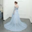 Sparkly Sky Blue Chapel Train Evening Dresses  2018 A-Line / Princess Tulle U-Neck Appliques Backless Beading Evening Party Formal Dresses