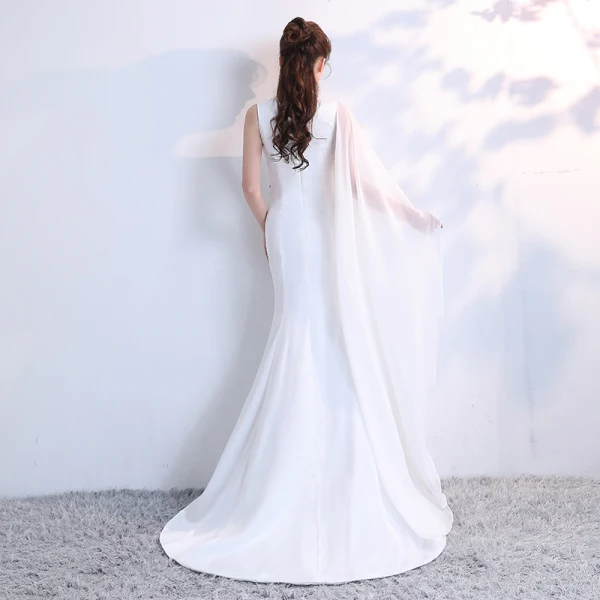 Luxury / Gorgeous Chinese style White Court Train Evening Dresses  2018 Trumpet / Mermaid U-Neck Charmeuse Embroidered Beading Rhinestone Evening Party Formal Dresses