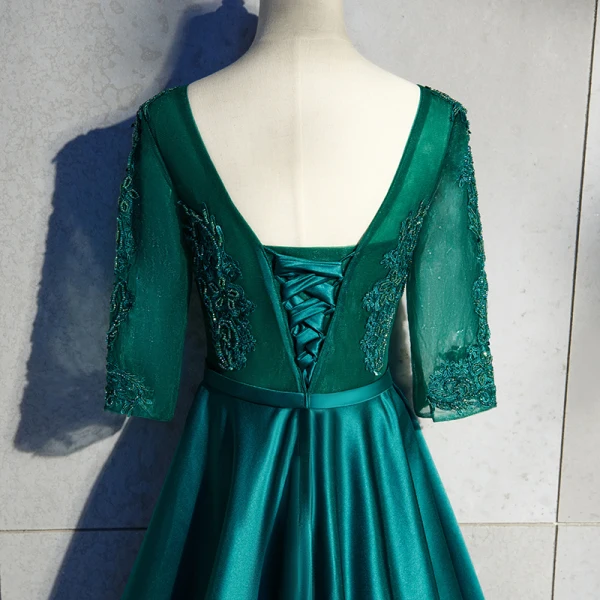 Chic / Beautiful Dark Green Floor-Length / Long Evening Dresses 2018 A-Line / Princess U-Neck Charmeuse Lace-up Appliques Backless Beading Evening Party Formal Dresses