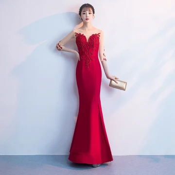 Chic Belle Rouge Longue Robe De Soirée 2018 Trompette Sirène Tulle U Cou 3 4 Manches Appliques Perlage Robe De Ceremonie