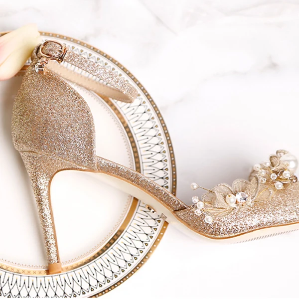 Chic / Beautiful Bling Bling Champagne Wedding Shoes 2019 9 cm Wedding High Heels Leather Butterfly Beading Pearl Pointed Toe Womens Shoes