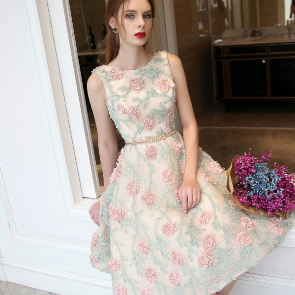 handmade homecoming dresses V Neck Lace Handmade Flower Cute Cheap Short Homecoming Dresses 2018, –  QueenaBridal main image 1