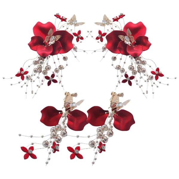 Flower Fairy Red Earrings Headpieces 2019 Metal Handmade  Beading Flower Rhinestone Wedding Prom Accessories