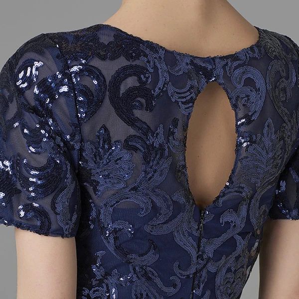 Chic / Beautiful Navy Blue Mother Of The Bride Dresses 2020 A-Line / Princess U-Neck Floor-Length / Long Short Sleeve Backless Beading Sequins Wedding Evening Party Wedding Party Dresses