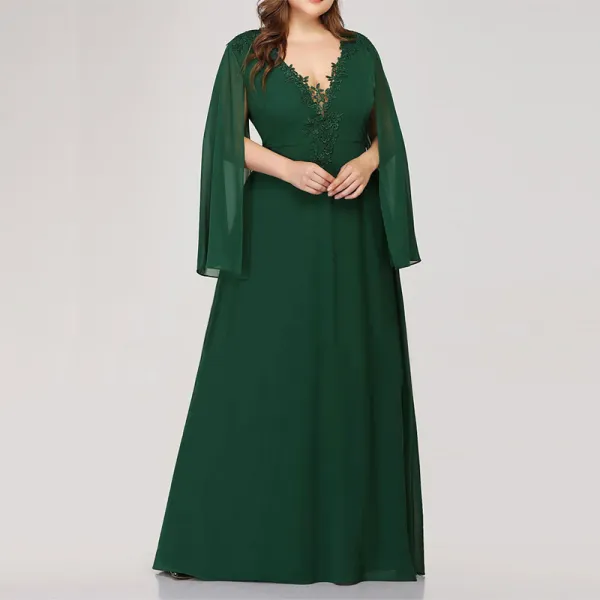 Chic / Beautiful Green Plus Size Evening Dresses  2020 A-Line / Princess V-Neck Tulle Floor-Length / Long Long Sleeve Handmade  3D Lace Solid Color Evening Party Summer Formal Dresses