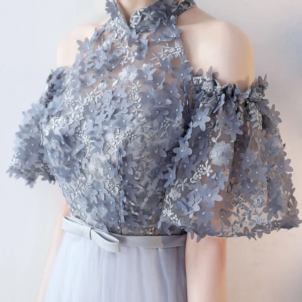 Modern / Fashion Grey Evening Dresses  2017 A-Line / Princess Appliques Scoop Neck Lace Embroidered Flower Evening Party Formal Dresses