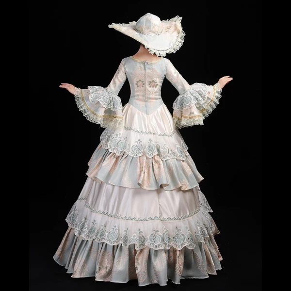 Vintage / Retro Medieval Sky Blue Ball Gown Prom Dresses Long Sleeve U-Neck Floor-Length / Long Zipper Up Lace Handmade Embroidered Cosplay Formal Dresses