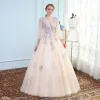 Chic / Beautiful Champagne Prom Dresses 2017 A-Line / Princess Lace U-Neck Handmade  Appliques Backless Beading Prom Formal Dresses
