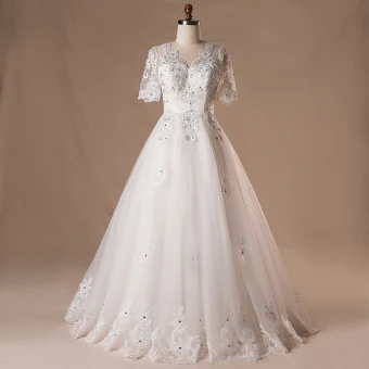 Elegante Klassisch Weiß Brautkleider 2017 A Linie Spitze V Ausschnitt Tülle Perlenstickerei Pailletten Applikationen Rückenfreies Hochzeit