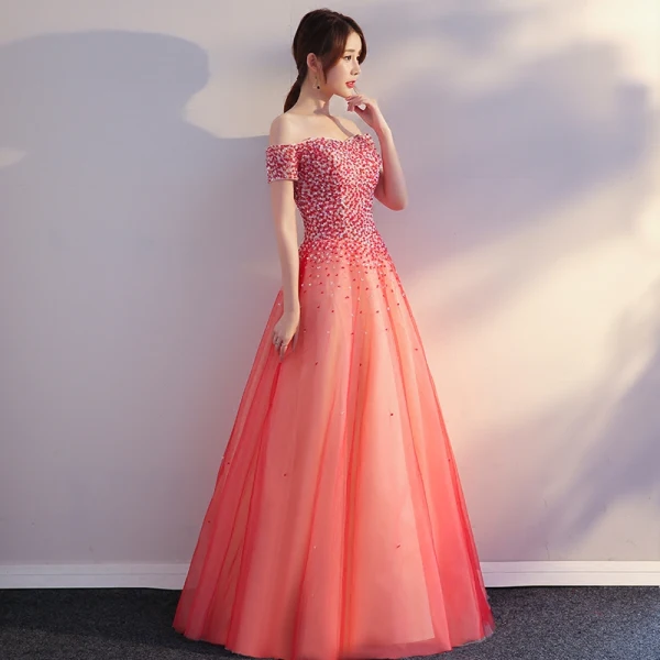 Chic / Beautiful Red Prom Dresses 2017 A-Line / Princess Backless Tulle Prom Beading Pearl Strapless Evening Dresses
