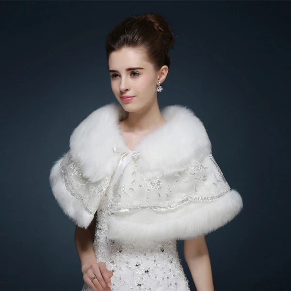White Winter Glitter Sequins Faux Fur Wedding Prom Shawls 2017