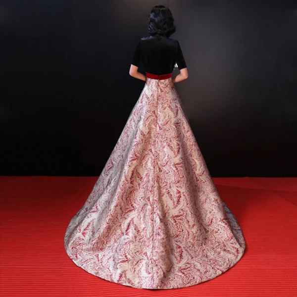 Luxury / Gorgeous Red Evening Dresses 2018 A-Line / Princess Scoop Neck Charmeuse Beading Printing Embroidered Evening Party Formal Dresses