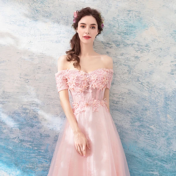 Chic / Beautiful Pearl Pink Evening Dresses  2018 A-Line / Princess Floor-Length / Long Tulle Lace Appliques Backless Beading Strapless Evening Party Formal Dresses