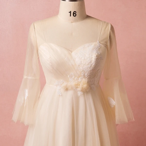 Modern / Fashion Champagne Plus Size Evening Dresses 2018 A-Line / Princess V-Neck Lace-up Tulle Appliques Backless Summer Long Sleeve Prom Evening Party Formal Dresses