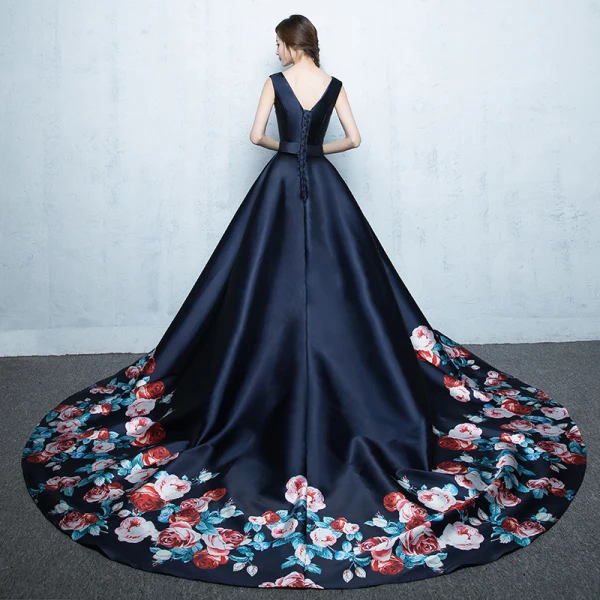 Chic / Beautiful Navy Blue Chapel Train Evening Dresses 2018 A-Line / Princess V-Neck Charmeuse Backless Printing Evening Party Formal Dresses