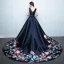 Chic / Beautiful Navy Blue Chapel Train Evening Dresses  2018 A-Line / Princess V-Neck Charmeuse Backless Printing Evening Party Formal Dresses