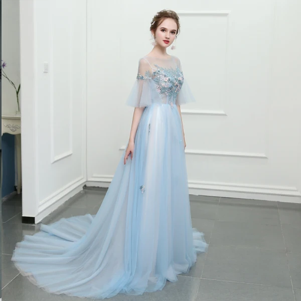 Sparkly Sky Blue Chapel Train Evening Dresses  2018 A-Line / Princess Tulle U-Neck Appliques Backless Beading Evening Party Formal Dresses