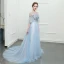 Sparkly Sky Blue Chapel Train Evening Dresses  2018 A-Line / Princess Tulle U-Neck Appliques Backless Beading Evening Party Formal Dresses
