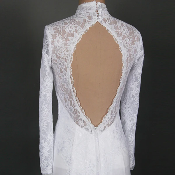 Luxe Ivoire Chapel Train Mariage 2018 Lacer Manches Longues Transparentes Appliques Dos Nu Percé Col Haut Trompette / Sirène Robe De Mariée