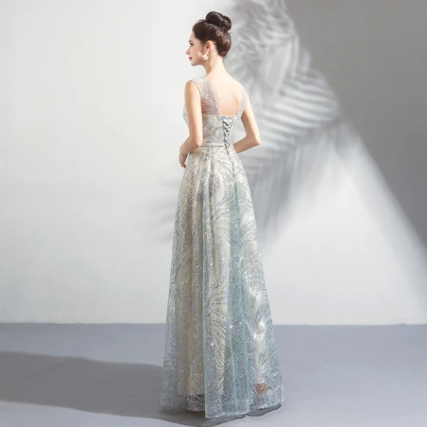 Sparkly Grey Floor-Length / Long Evening Dresses 2018 A-Line / Princess U-Neck Tulle Backless Beading Sequins Evening Party Formal Dresses