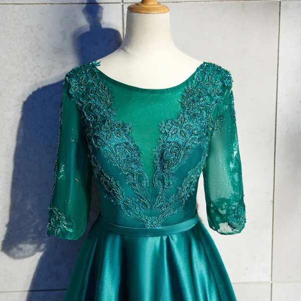 Chic / Beautiful Dark Green Floor-Length / Long Evening Dresses 2018 A-Line / Princess U-Neck Charmeuse Lace-up Appliques Backless Beading Evening Party Formal Dresses