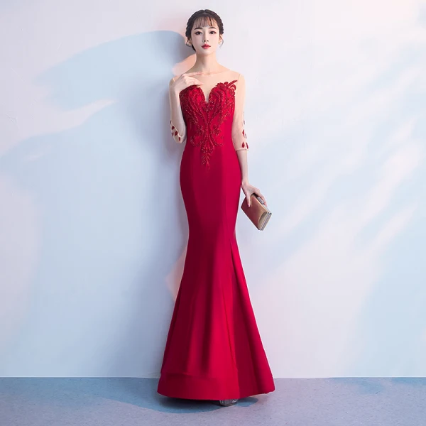Chic / Beautiful Red Floor-Length / Long Evening Dresses  2018 Trumpet / Mermaid Tulle U-Neck 3/4 Sleeve Appliques Beading Formal Dresses