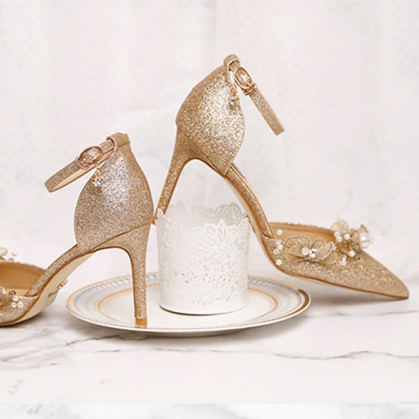 Chic / Beautiful Bling Bling Champagne Wedding Shoes 2019 9 cm Wedding High Heels Leather Butterfly Beading Pearl Pointed Toe Womens Shoes