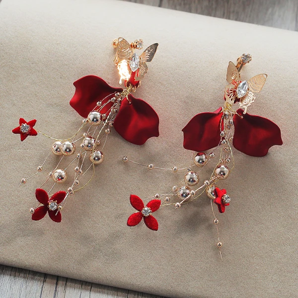 Flower Fairy Red Earrings Headpieces 2019 Metal Handmade  Beading Flower Rhinestone Wedding Prom Accessories