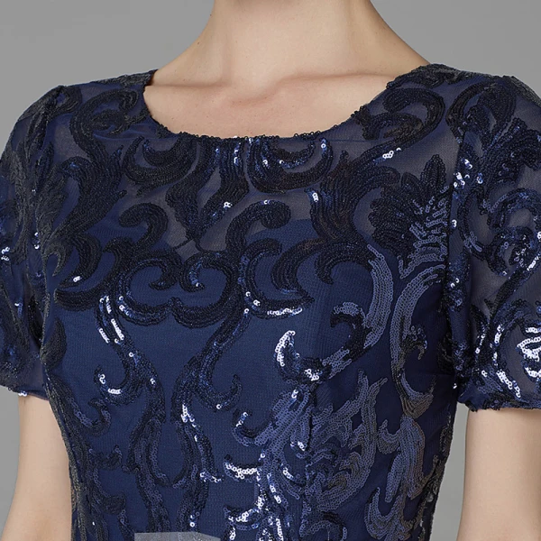 Chic / Beautiful Navy Blue Mother Of The Bride Dresses 2020 A-Line / Princess U-Neck Floor-Length / Long Short Sleeve Backless Beading Sequins Wedding Evening Party Wedding Party Dresses