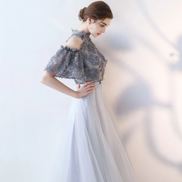 Modern / Fashion Grey Evening Dresses  2017 A-Line / Princess Appliques Scoop Neck Lace Embroidered Flower Evening Party Formal Dresses