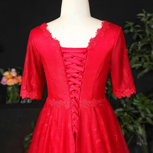 Simple Bordeaux Grande Taille Robe De Soirée 2021 Princesse V-Cou 1/2 Manches Bretelles croisées Dentelle 3D Couleur Unie Appliques Dos Nu Soirée Courte Robe De Ceremonie