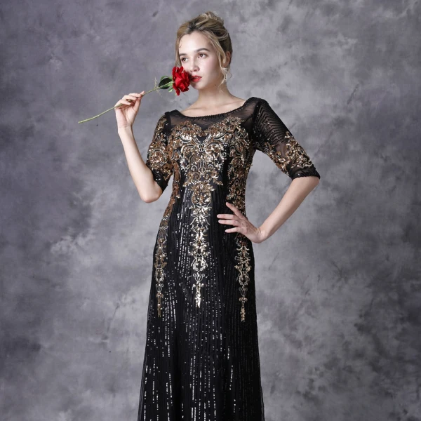 Vintage / Retro Black Evening Dresses 2021 A-Line / Princess 1/2 Sleeves Square Neckline Floor-Length / Long Beading Sequins Appliques Tulle Evening Party Formal Dresses