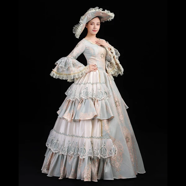 Vintage / Retro Medieval Sky Blue Ball Gown Prom Dresses Long Sleeve U-Neck Floor-Length / Long Zipper Up Lace Handmade Embroidered Cosplay Formal Dresses