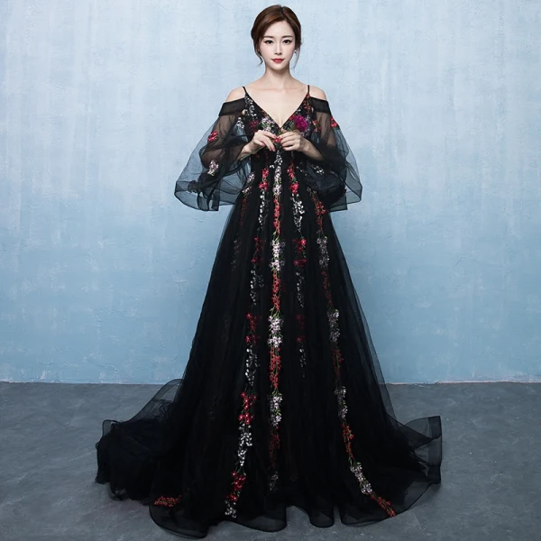 Chic / Belle Noire Robe De Bal 2017 Princesse Promo V-Cou Dentelle Bretelles croisées Appliques Dos Nu Robe De Ceremonie