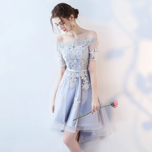 Élégant Bleu Ciel Robe De Graduation 2017 Bustier Dentelle Appliques Dos Nu Impression de retour Robe De Fete