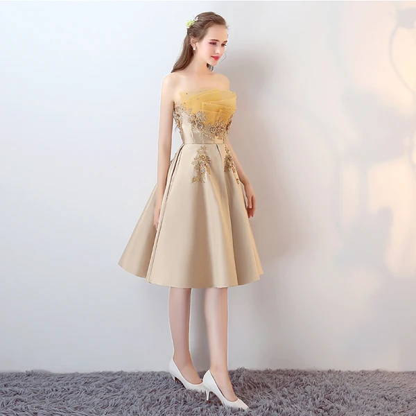 Chic / Beautiful 2017 Gold Cocktail Dresses Strapless Lace Handmade  Appliques A-Line / Princess Cocktail Party Evening Dresses