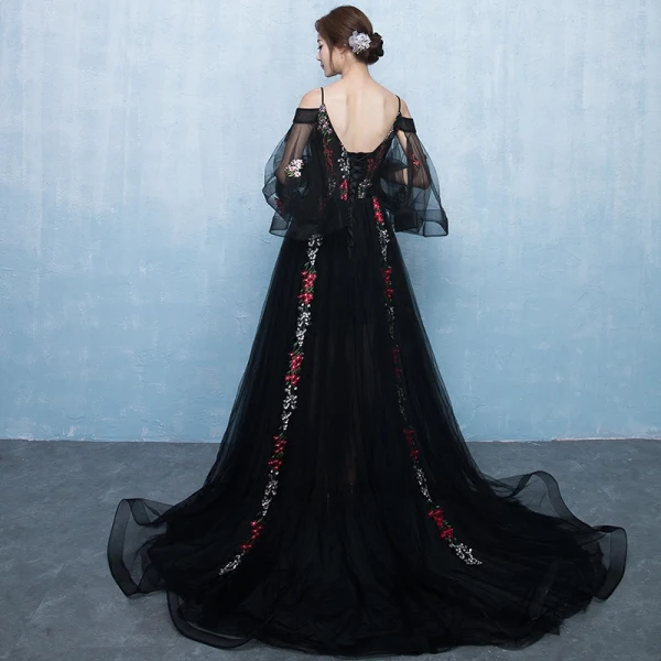 Chic / Belle Noire Robe De Bal 2017 Princesse Promo V-Cou Dentelle Bretelles croisées Appliques Dos Nu Robe De Ceremonie