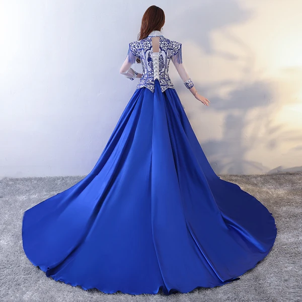 Chinese style Royal Blue Prom Dresses 2017 A-Line / Princess Charmeuse Halter Embroidered Beading Backless Evening Party Formal Dresses