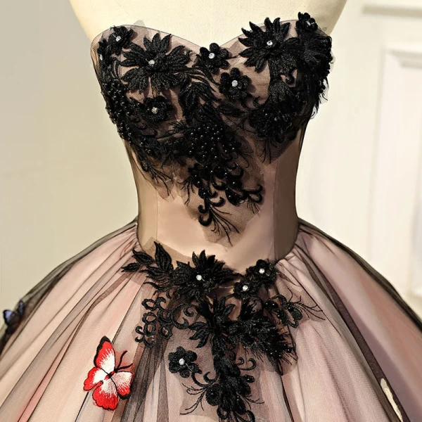Flower Fairy Black Prom Dresses 2017 Black Tulle Appliques Backless Beading Prom Formal Dresses