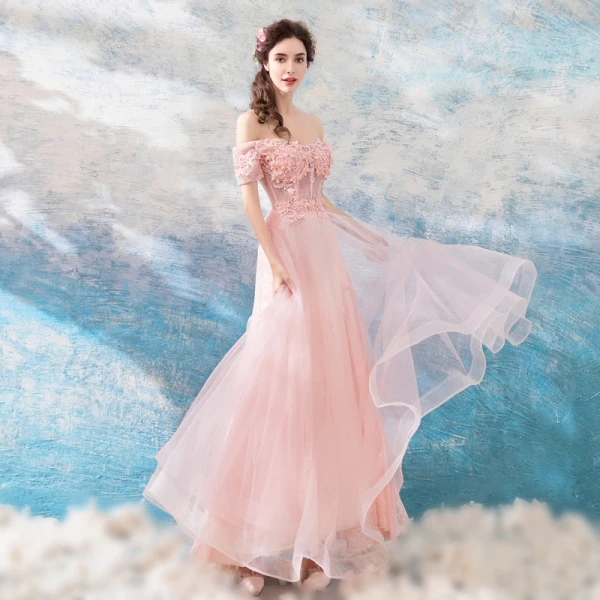 Chic / Beautiful Pearl Pink Evening Dresses  2018 A-Line / Princess Floor-Length / Long Tulle Lace Appliques Backless Beading Strapless Evening Party Formal Dresses