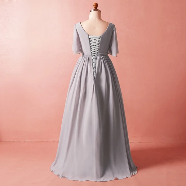 Modest / Simple Grey Plus Size 2018 A-Line / Princess Crossed Straps Tulle V-Neck Summer Sash Beach 1/2 Sleeves Mother Of The Bride Dresses
